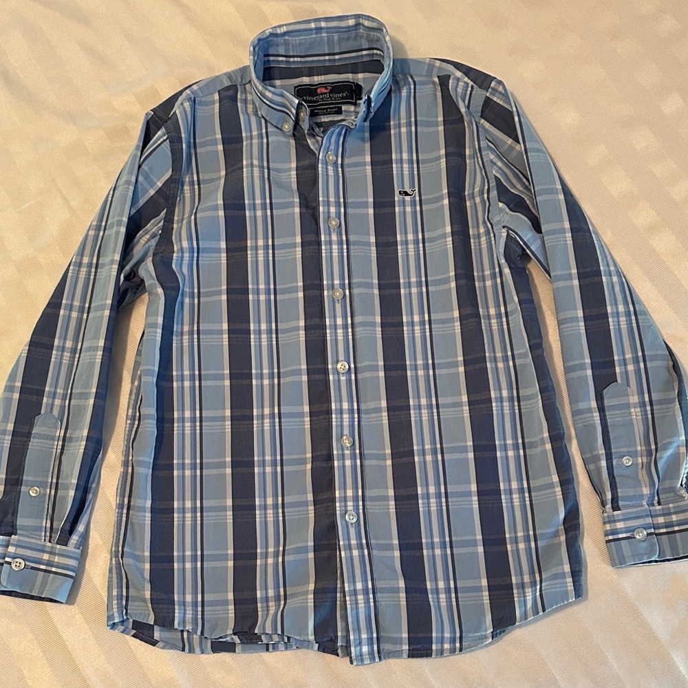 Vineyard Vines Boys Blue Plaid Whale Button Down Shirt